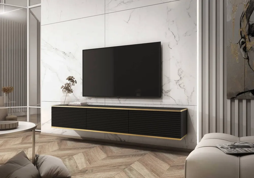 TV-Lowboard Luxury 175 cm Schwarz Begeistert Liebhaber eleganter Arrangements stilvolle geriffelte Front Korpus verziert mit einer goldenen Leiste Preisknaller