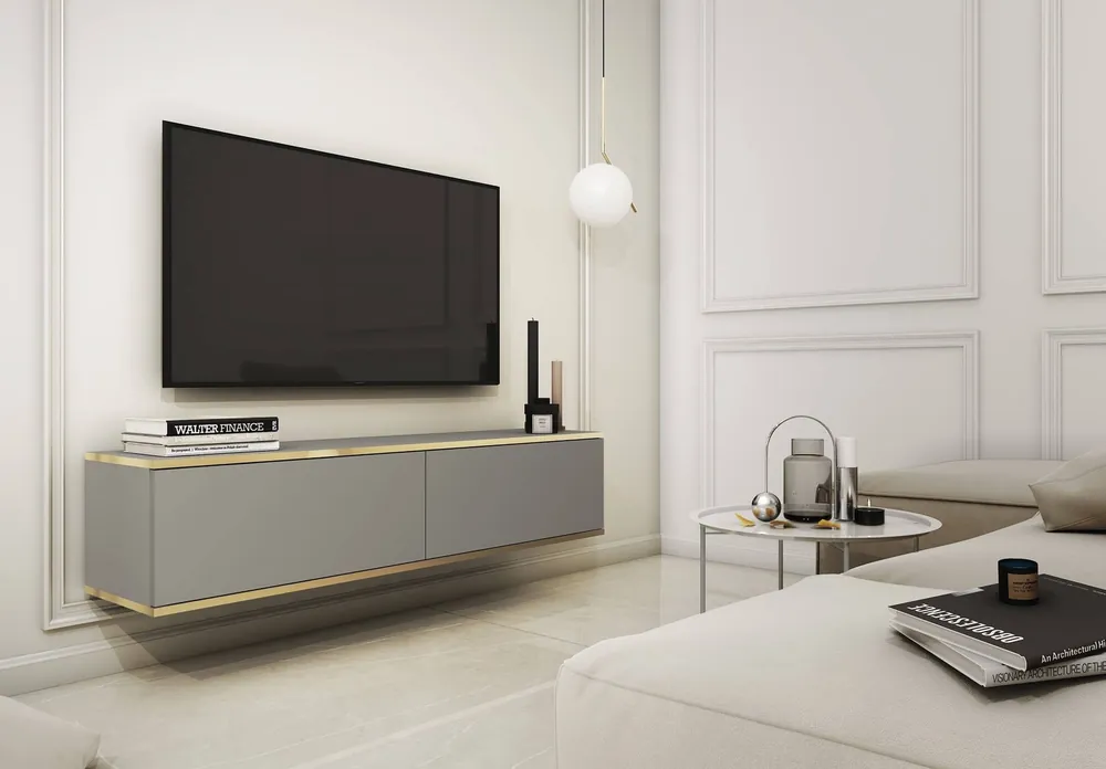 TV-Lowboard Luxury 135 cm Grau Begeistert Liebhaber eleganter Arrangements Korpus verziert mit einer goldenen Leiste stilvolle geriffelte Front Ausverkauf