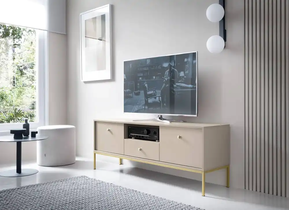 TV-Schrank Mono 154 cm Beige Minimalistisches Design schlichte Form mit goldenen metallischen Elementen stilvoller Griff Günstig