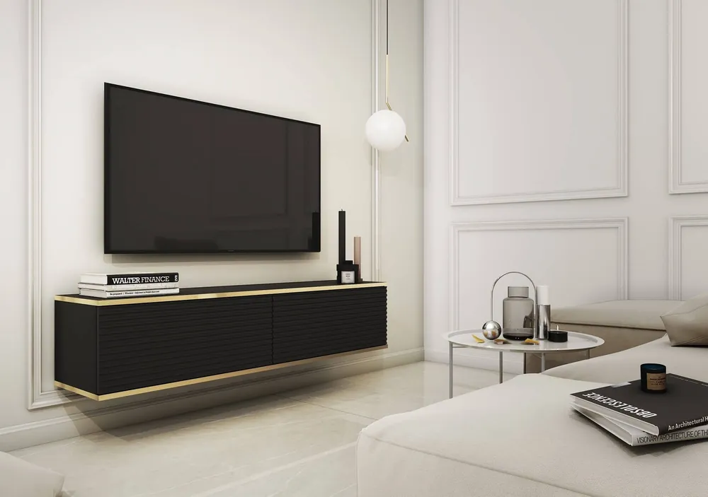 TV-Lowboard Luxury 135 cm Schwarz Begeistert Liebhaber eleganter Arrangements stilvolle geriffelte Front Korpus verziert mit einer goldenen Leiste Schneller Versand