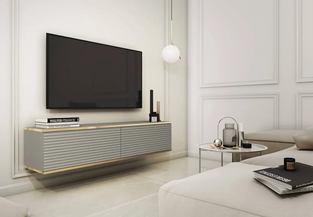 TV-Lowboard Luxury 135 cm Grau Begeistert Liebhaber eleganter Arrangements Korpus verziert mit einer goldenen Leiste stilvolle geriffelte Front Sonderaktion