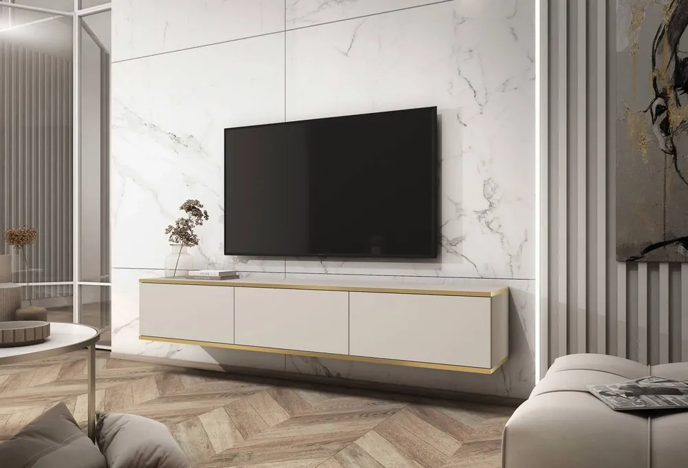 TV-Lowboard Luxury 175 cm Beige Stilvolle geriffelte Front Korpus verziert mit einer goldenen Leiste begeistert Liebhaber eleganter Arrangements Meistverkauft