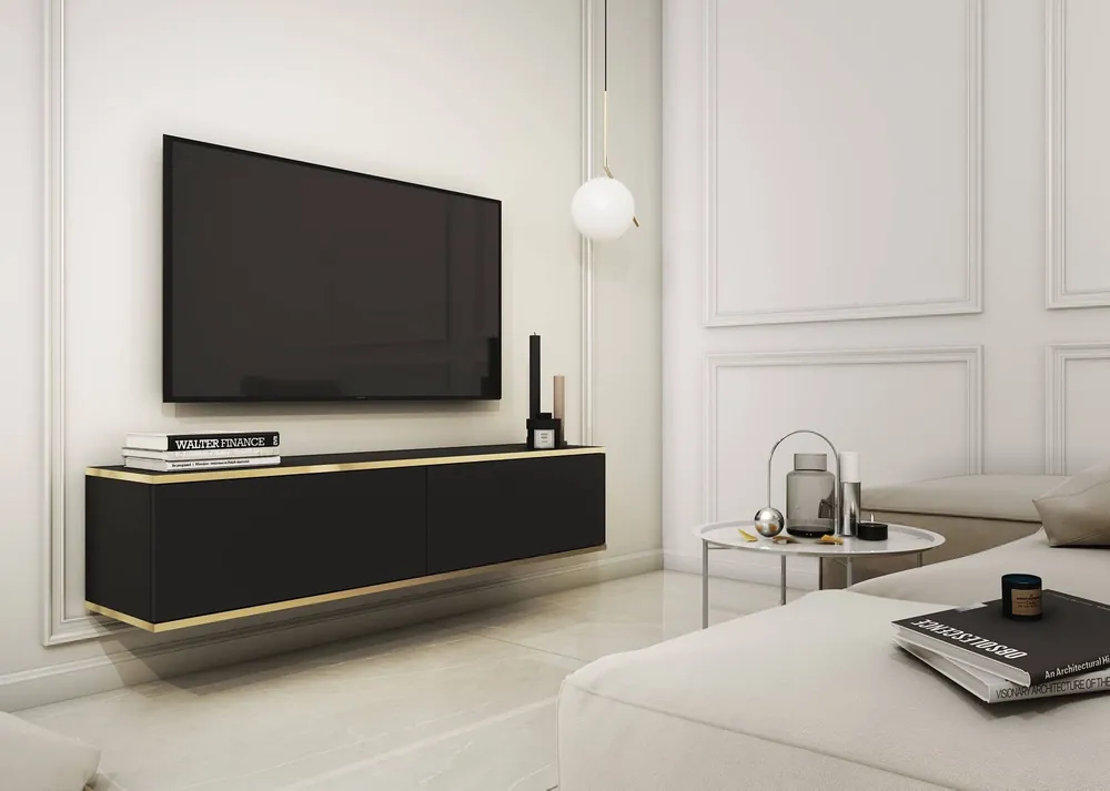 Jetzt Bestellen TV-Lowboard Luxury 135 cm Schwarz Minimalistisches Design begeistert Liebhaber eleganter Arrangements Korpus verziert mit einer goldenen Leiste