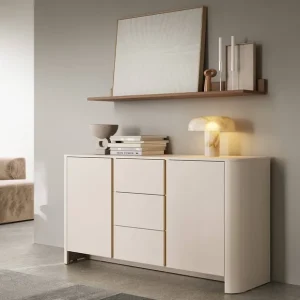 Kommode Bari 168 cm beige modernes Design Kommode für Wohnzimmer ovale Form auffälliges Gold Zubehör Preis Gesenkt