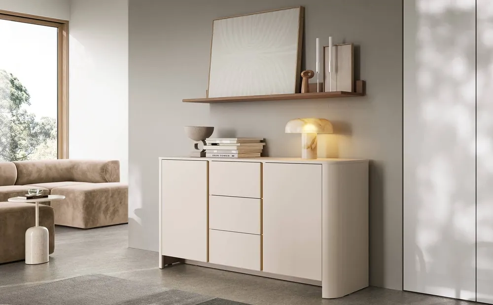 Kommode Bari 168 cm beige modernes Design Kommode für Wohnzimmer ovale Form auffälliges Gold Zubehör Preis Gesenkt