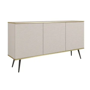 Preisreduziert Kommode Luxury 160 cm beige elegantes Design stilvolle geriffelte Fronten Kommode Körper mit goldenen Streifen schwarze Metallbeine gekrönt