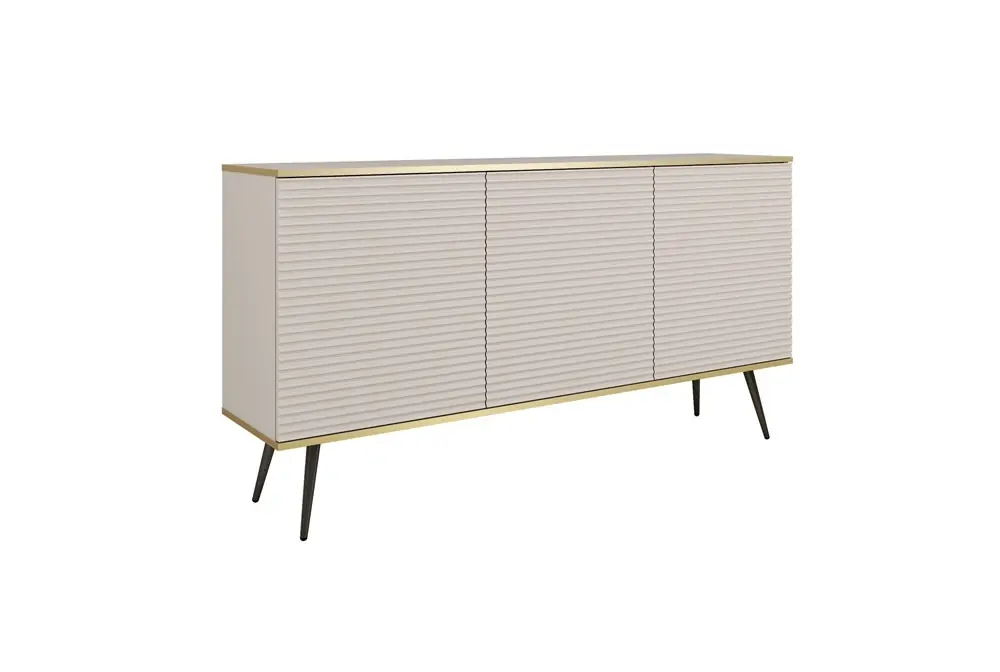 Preisreduziert Kommode Luxury 160 cm beige elegantes Design stilvolle geriffelte Fronten Kommode Körper mit goldenen Streifen schwarze Metallbeine gekrönt