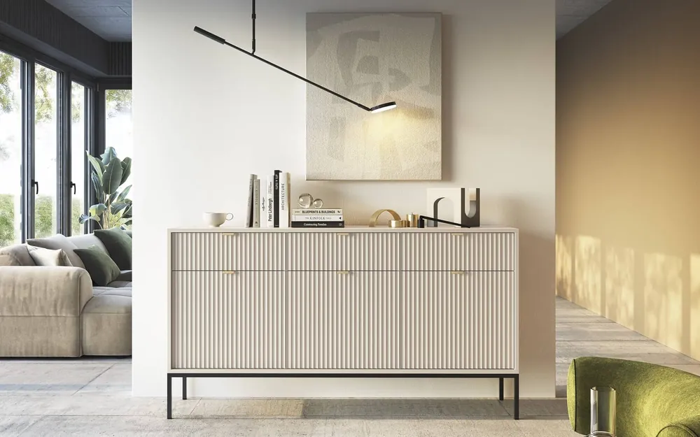 Kommode mit Schubladen Lovro 154 cm beige modernes Design wird die Liebhaber von markanten Interieurs begeistern Ausverkauf