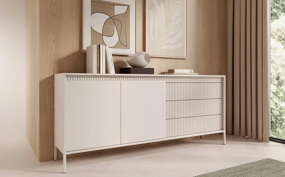Kommode Sesti 187 cm beige funktionelle und geräumige Kommode mit einem einzigartigen Design ideal für das Wohnzimmer Schlafzimmer oder Flur Ausverkauf