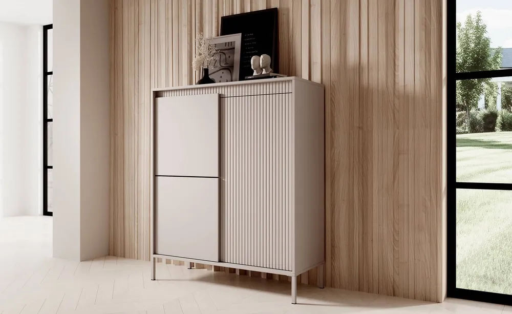 Kommode Sesti 104 cm beige Designerkommode mit originellem Design auf stabilem Metallsockel Saisonangebot