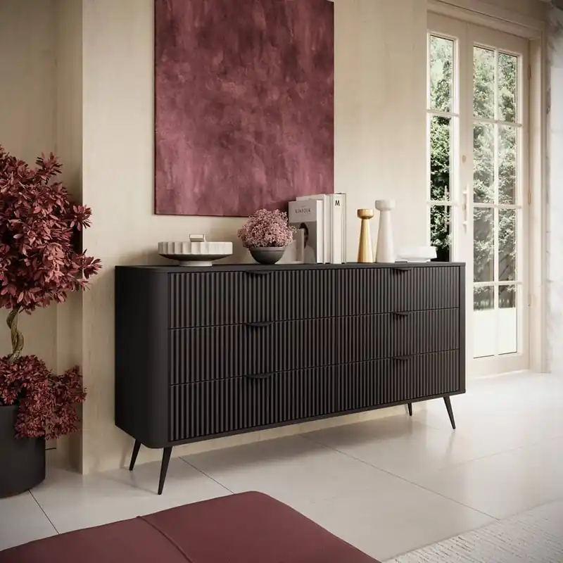 Highlight Kommode Lante 163 cm schwarz elegantes Design ovale Form der Kommode auf hohen Beinen geschmackvoll geriffelte Front gesetzt