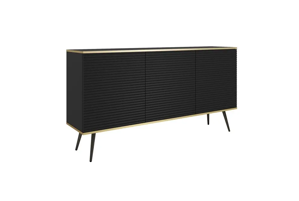 Heißes Angebot Kommode 160 cm Luxury schwarz elegantes Design stilvolle geriffelte Fronten Kommode Körper mit Gold trim schwarze Metallbeine gekrönt
