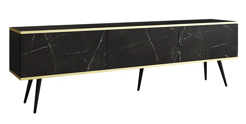 Abverkauf TV-Schrank Luxury 175 cm schwarzer Marmor eleganter Designkorpus mit goldener Zierleiste Schrank auf schwarzen Metallbeinen