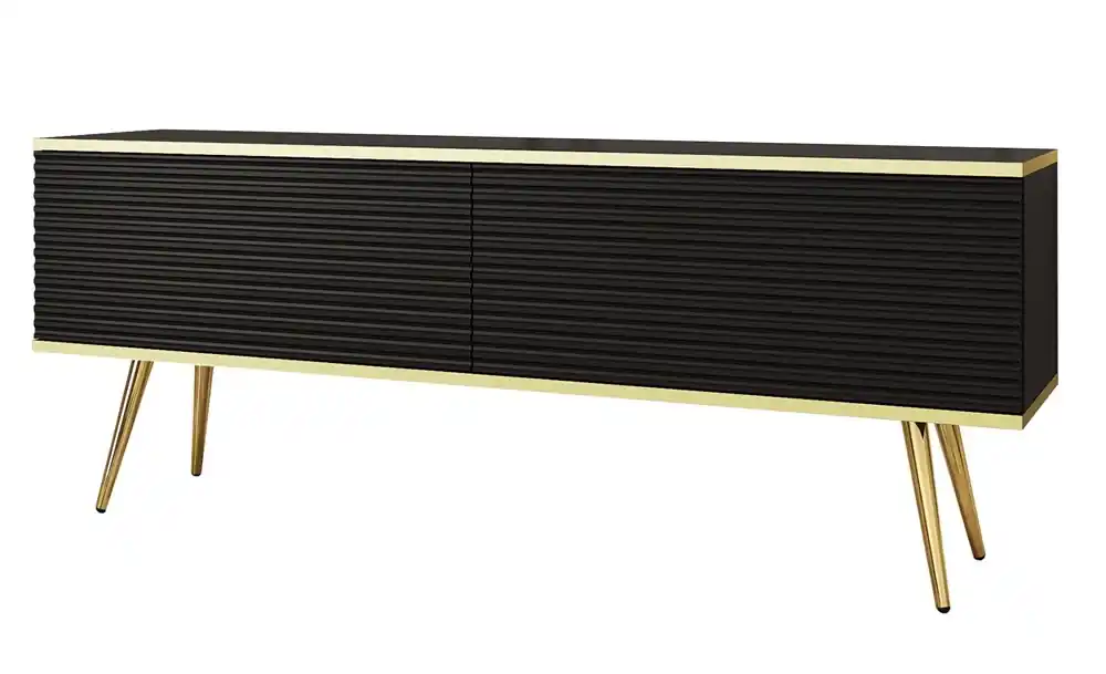 TV-Schrank Luxury 135 cm schwarz elegantes Design stilvolle geriffelte Front Korpus mit goldenen Zierleisten goldenen Metallbeinen gekrönt Sonderaktion