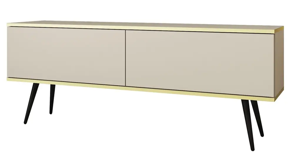TV-Schrank Luxury 135 cm beige eleganter Design-Korpus mit goldener Zierleiste Schrank auf schwarzen Metallbeinen Top-Angebot