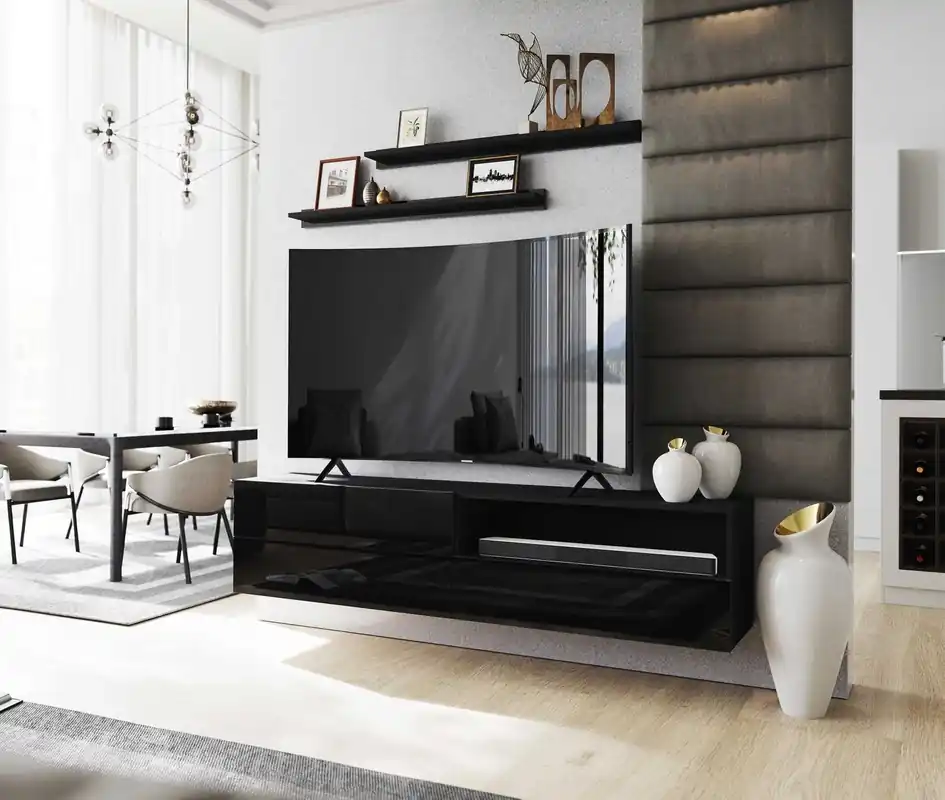 RTV-Wandschrank Neo 172 cm schwarz / schwarz glänzend mit Einlegeböden Stilvoller Design-TV-Schrank mit Hochglanzfronten Sonderaktion
