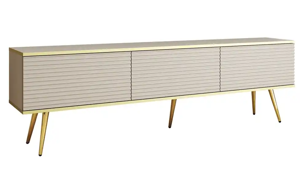 TV-Schrank Luxury 175 cm beige elegantes Design stilvolle geriffelte Front Korpus mit goldenen Zierleisten goldenen Metallbeinen gekrönt Preisknaller
