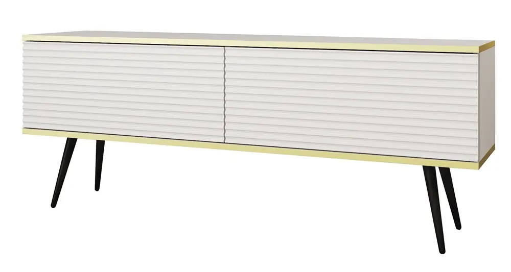 Direktkauf TV-Schrank Luxury 135 cm weiß elegantes Design stilvolle geriffelte Front Korpus mit goldener Zierleiste schwarze Metallbeine gekrönt