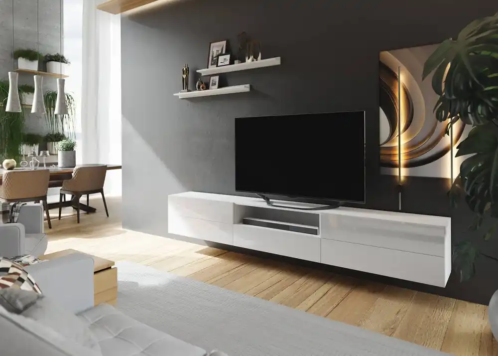 TV-Hängeschrank Lutra 258 cm weiß / weiß glänzend mit Einlegeböden stilvoller Design-TV-Schrank mit Hochglanzfronten Nur Heute