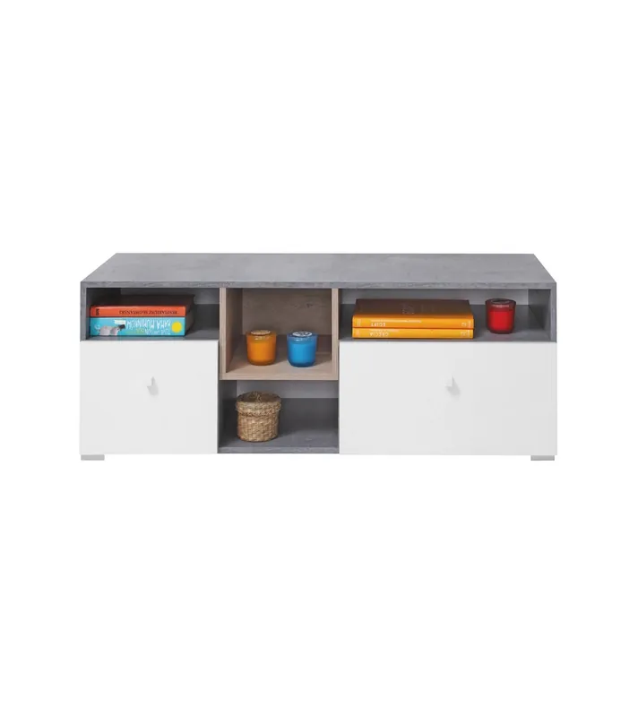 TV Schrank Epsilon 120 cm Beton / Weiß / Eiche Schrank mit TV-Schubladen ideal für das Jugendzimmer Kracherpreis