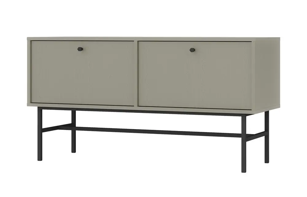 Zertifiziert RTV-Schrank Kioto III 121 cm Eukalyptus eleganter Schrank mit nach unten öffnenden Türen gedeckte Farben schwarzer Metallrahmen