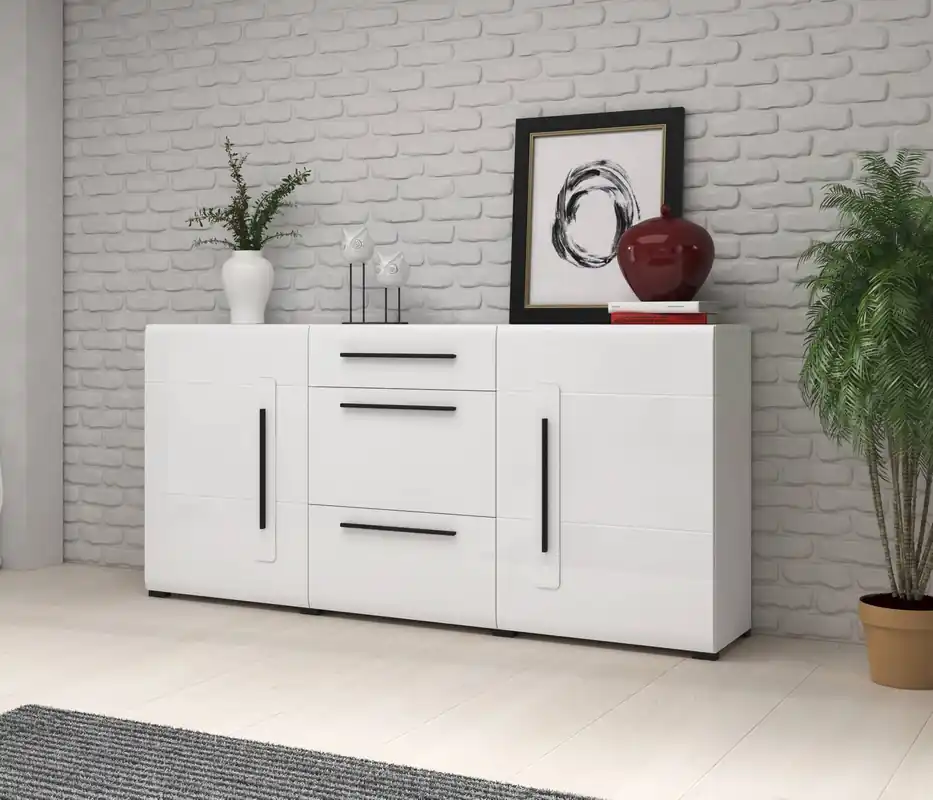 Schneller Versand Kommode mit Schubladen Tulsa 180 cm weiß / weiß glänzend funktional ideal für moderne klassische und skandinavische Interieurs
