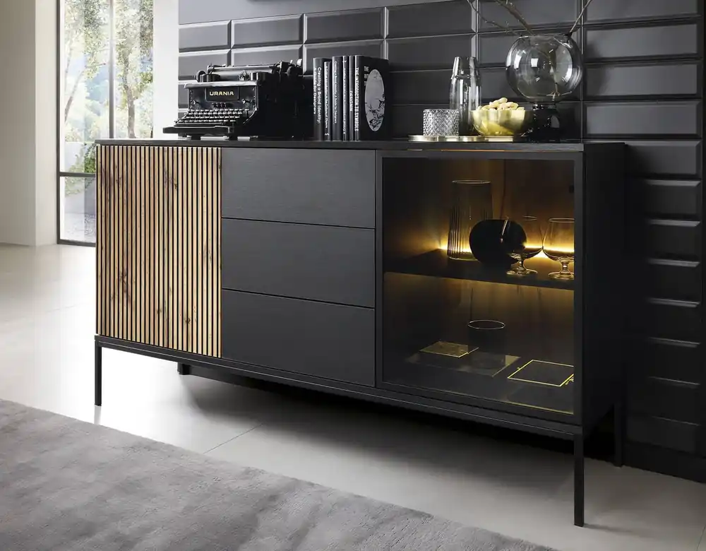 Kommode Amma 154 cm schwarz / Eiche wotan einzigartiges Design dekorative geriffelte und verglaste Fronten der Kommode Neue Ware