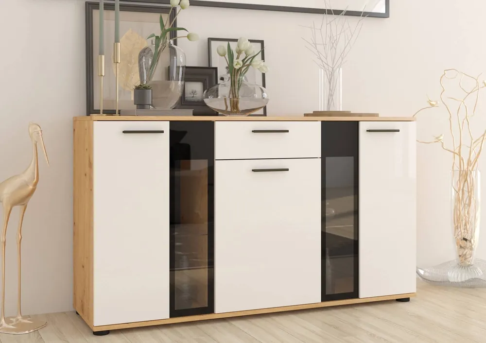 Kommode Senja 140 cm Eiche artisan / weiß modernes Möbeldesign Kommodenkante mit speziellem ABS-Furnier veredelt Saisonangebot