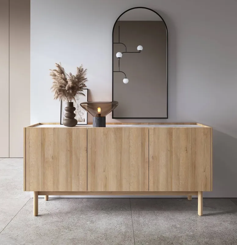 Kommode Boho 144 cm Eiche Riviera / Marmorbianco Außergewöhnliches Design universelle Farbkombination dekorative Marmorböden Top-Angebot