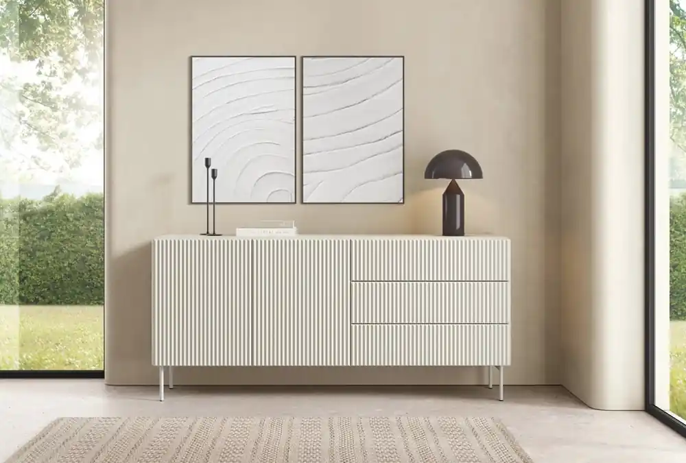 Garantierte Lieferung Kommode mit Schubladen Muti 177 cm beige extrem modische Kommode für das Wohnzimmer Designer Rillen geben Originalität Metallbeine