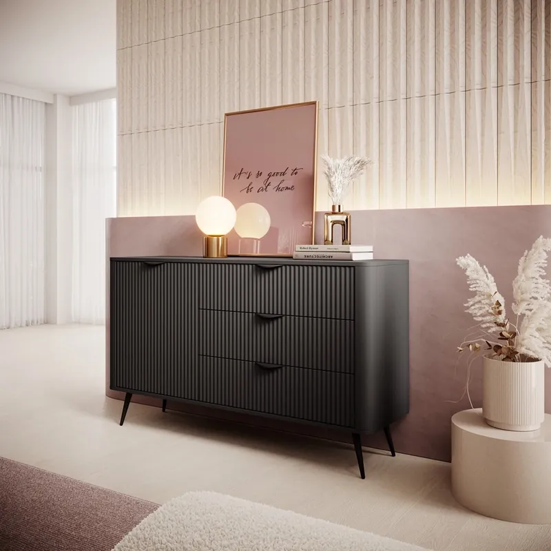 Zertifiziert Lante Schubladenkommode 138 cm schwarz elegante abgerundete Kommode auf einem Metallsockel unterstützt stilvolle Griffe