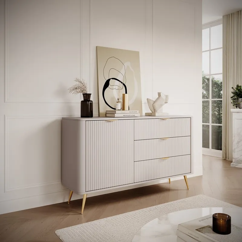 Abverkauf Lante Schubladenkommode 138 cm beige elegante abgerundete Kommode auf einem Metallsockel gestützt stilvolle Griffe