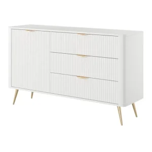 Jetzt Bestellen Lante Schubladenkommode 138 cm weiß elegante abgerundete Kommode auf einem Metallsockel unterstützt stilvolle Griffe