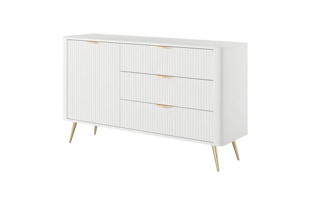 Jetzt Bestellen Lante Schubladenkommode 138 cm weiß elegante abgerundete Kommode auf einem Metallsockel unterstützt stilvolle Griffe
