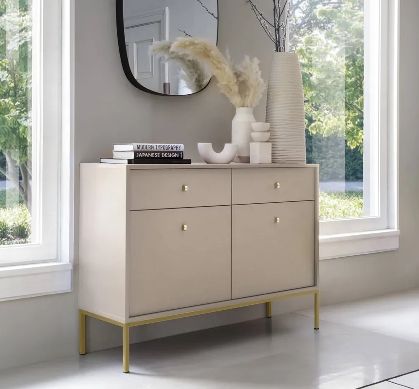Beliebt Kommode mit Schubladen Mono 104 cm Beige Minimalistisches Design stilvoller Griff schlichte Form mit metallischen goldenen Elementen