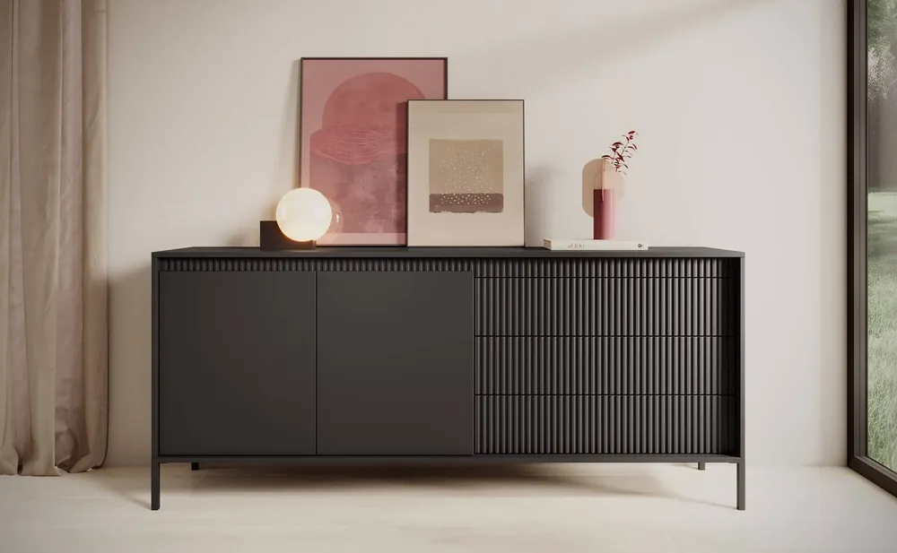 Kommode Sesti 187 cm schwarz funktionelle und geräumige Kommode mit einem einzigartigen Design ideal für das Wohnzimmer Schlafzimmer oder Flur Jetzt Bestellen