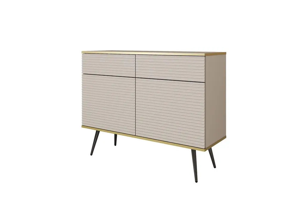 Kommode Luxury 107 cm beige stilvolle Kommode mit geriffelten Fronten Körper mit Gold trim schwarzen Metallbeinen gekrönt Schneller Versand