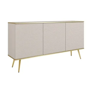 Aktuell Kommode Luxury 160 cm beige elegantes Design stilvolle geriffelte Fronten Kommodenkorpus mit goldenen Verzierungen goldene Metallbeine gekrönt