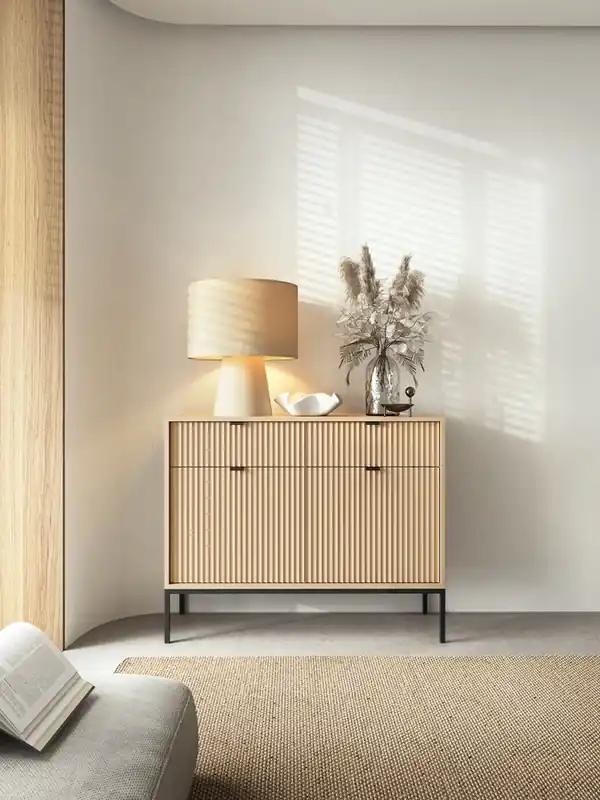 Finale Aktion Kommode mit Schubladen Lovro 104 cm eiche vicenza kommode stilvolle wohnzimmer kommode mit kannelierten fronten metallbasis in schwarz
