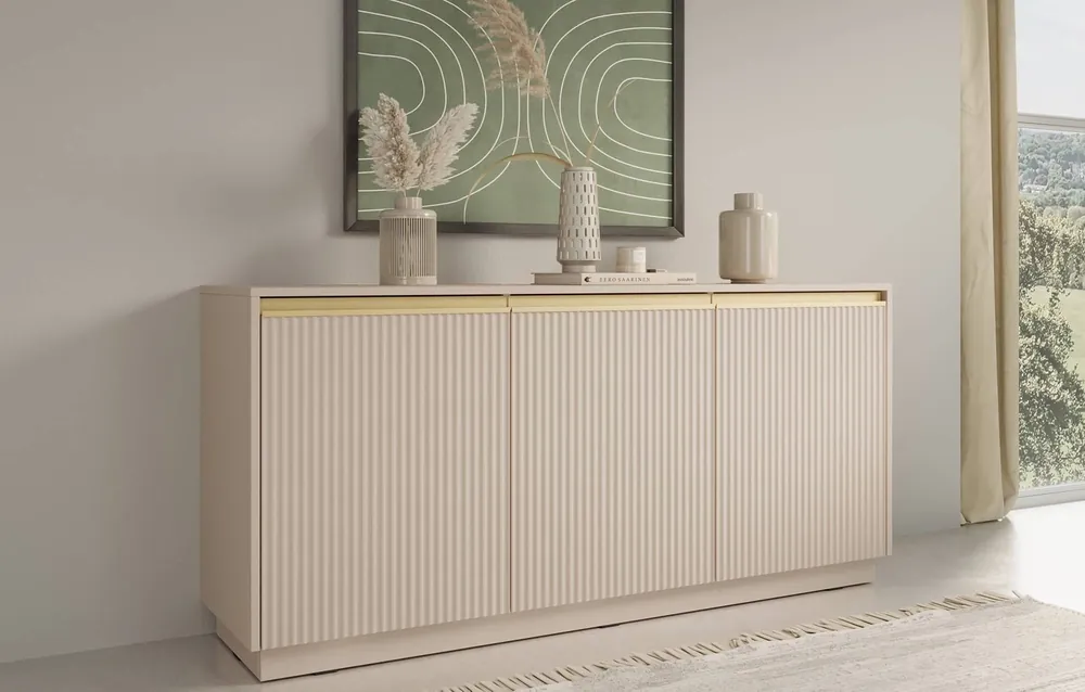 Imperial Kommode 154 cm beige modernes Design elegante Kommode mit gefrästen Fronten und gebürsteten Goldgriffen Schnäppchen