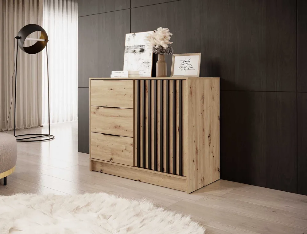 Kommode mit Schubladen Aspen 105 cm Eiche Artisan / Schwarze Lamellen modernes Design Schranktüren der Kommode mit dekorativen Lamellen Sale