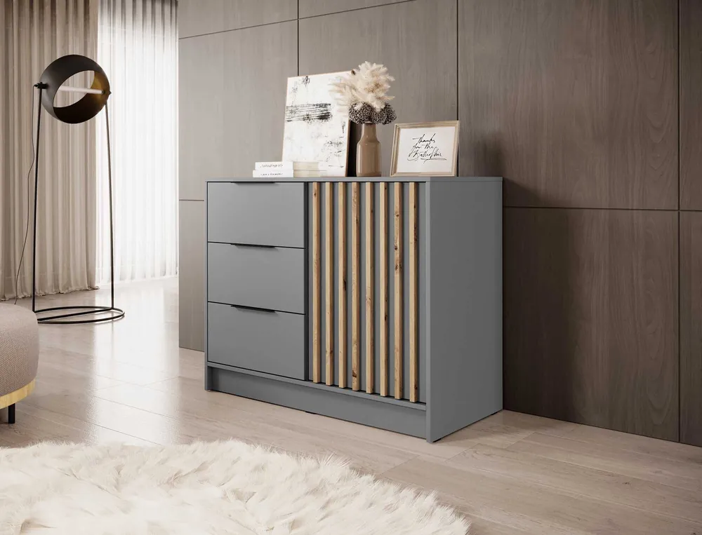 Knallerangebot Kommode mit Schubladen Aspen 105 cm Grau / Eiche Artisan Lamellen modernes Design Schranktüren der Kommode mit dekorativen Lamellen