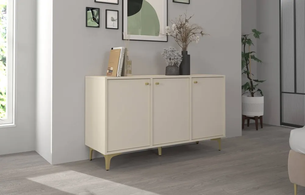 Jetzt Bestellen Kioto I Kommode 125 cm beige minimalistische Form ideale Kommode für ein Schlafzimmer, Wohnzimmer oder Jugendzimmer goldene Accessoires
