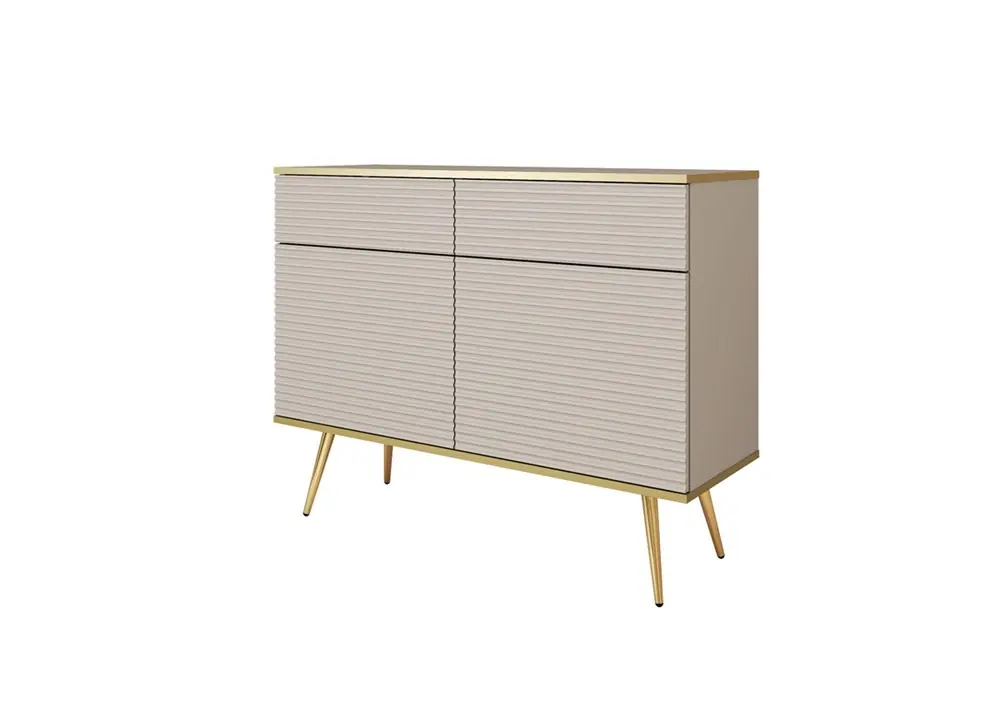 Kommode Luxury 107 cm beige stilvolle Kommode mit kannelierten Fronten Korpus mit goldener Zierleiste goldene Metallbeine gekrönt Neuheit