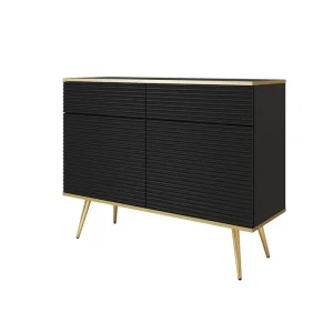 Abverkauf Kommode Luxury 107 cm schwarz stilvolle Kommode mit geriffelten Fronten Körper mit goldenen trim goldenen Metall Beine gekrönt