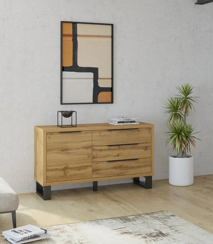 Kommode Halle 144 cm Eiche wotan funktional ideal für industrielle und Loft-Stil Interieurs stabilen Metallbasis Mega-Angebot