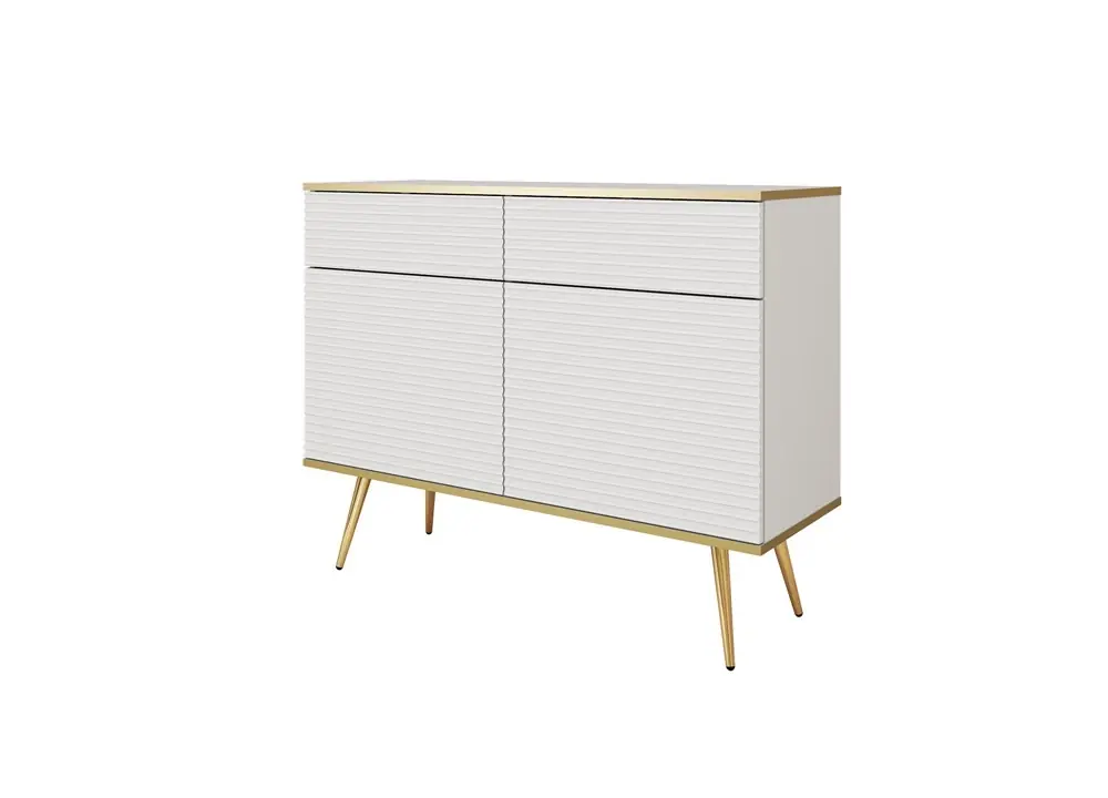 Neu Kommode Luxury 107 cm weiß stilvolle Kommode mit geriffelten Fronten Körper mit Gold trim goldenen Metall Beine gekrönt
