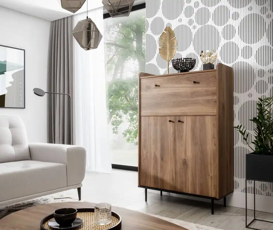 Kommode Apallo 90 cm Brandy Eiche Castello Original Design hohe Top Felgen Bar auf Metall Beine gesetzt Neue Kollektion