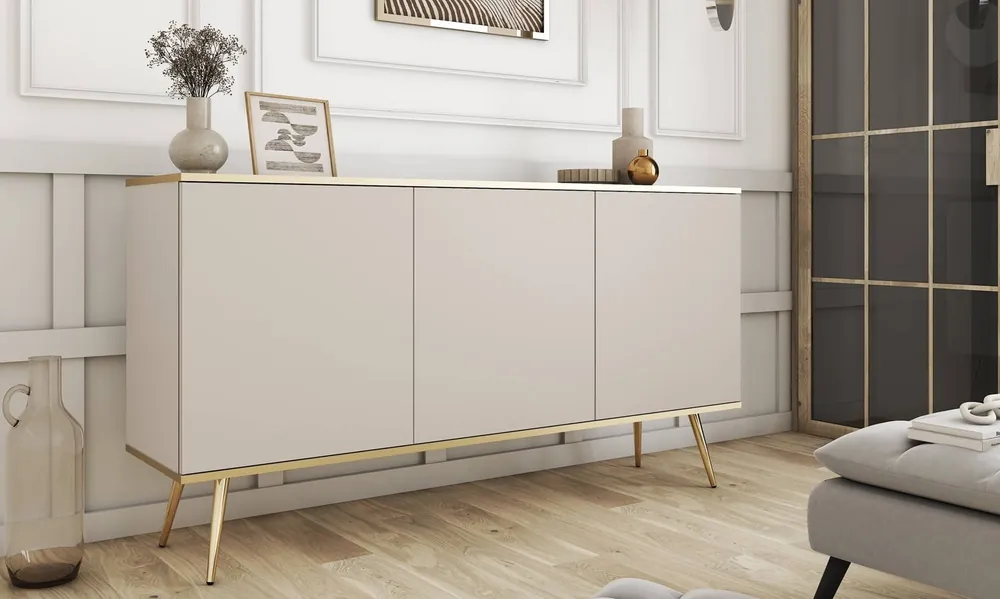 Sonderaktion Kommode Luxury 160 cm beige elegantes Design Korpus mit goldener Zierleiste Kommode auf hohen Metallbeinen getragen
