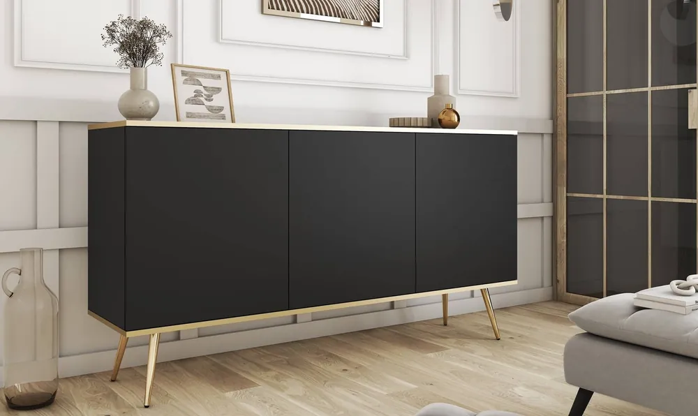 Top-Preis Kommode Luxury 160 cm schwarzer eleganter Design-Korpus mit goldener Zierleiste Kommode auf goldfarbenen Metallbeinen